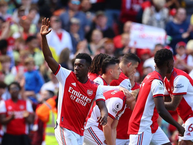 Eddie Nketiah celebrates scoring for Arsenal against Leeds United on May 8, 2022