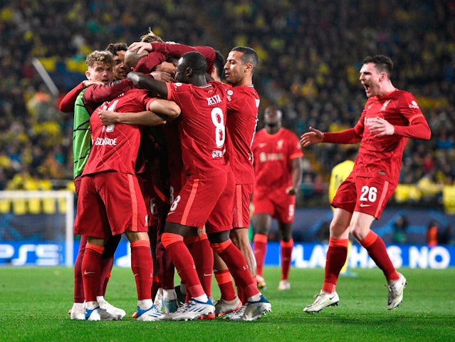 Liverpool players celebrate Fabinho's goal against Villarreal in the Champions League on May 3, 2022
