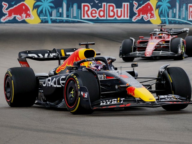 Red Bull driver Max Verstappen ahead of Ferrari driver Charles Leclerc at the Miami Grand Prix on May 8, 2022.
