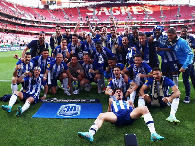 Porto players celebrate after winning the Primeira Liga on May 7, 2022