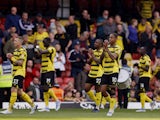 Watford's Joao Pedro and teammates look dejected as they applaud the fans after the match on April 30, 2022