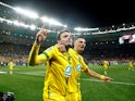 Nantes' Andrei Girotto and Pedro Chirivella celebrate after winning the French Cup on May 7, 2022