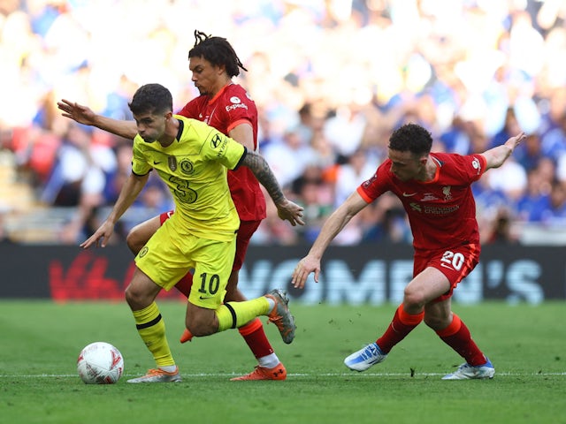 Chelsea's Christian Pulisic in action with Liverpool's Trent Alexander-Arnold on May 14, 2022