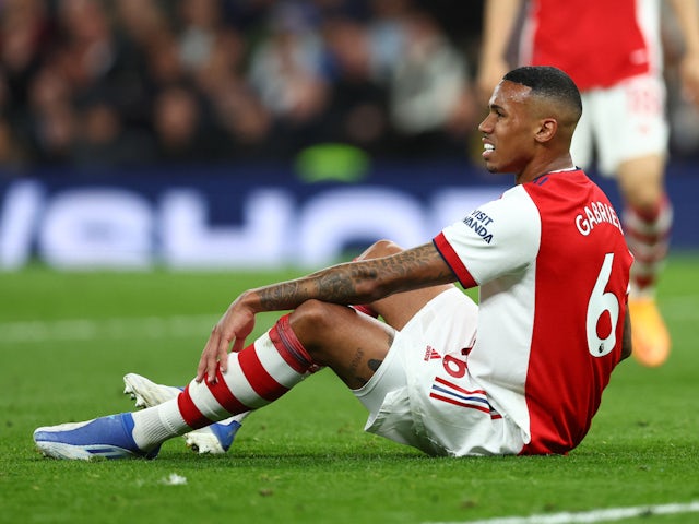 Arsenal defender Gabriel Magalhaes goes down injured on May 12, 2022