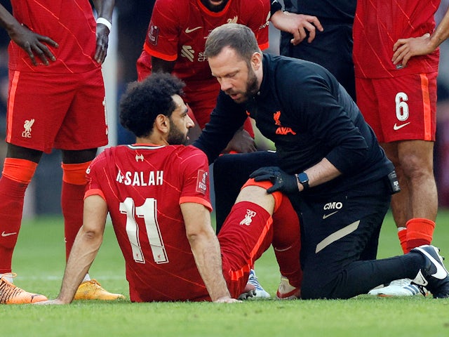 Mohamed Salah goes down injured for Liverpool on May 14, 2022