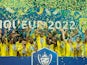 Nantes' Ludovic Blas lifts the trophy with teammates after winning the French Cup May 7, 2022