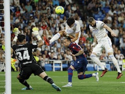 Real Madrid's Karim Benzema scores against Levante on May 12, 2022