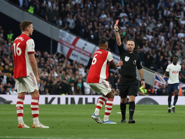 Rob Holding is sent off for Arsenal against Tottenham Hotspur on May 12, 2022