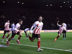 Sunderland's Patrick Roberts celebrates scoring their first goal on May 9, 2022