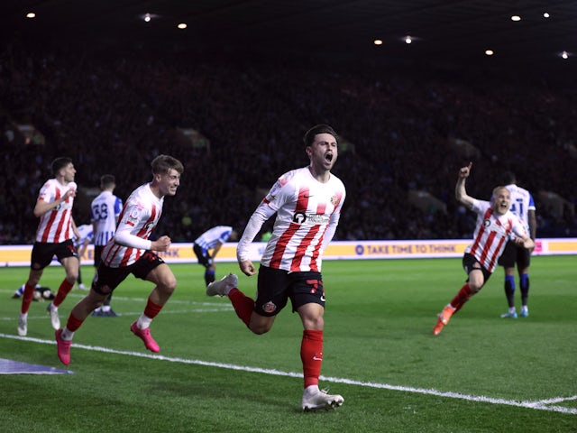 Sunderland's Patrick Roberts celebrates scoring their first goal on May 9, 2022