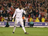 Nottingham Forest goalkeeper Brice Samba celebrates saving a penalty against Sheffield United on May 17, 2022.