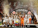 Eintracht Frankfurt lifts the trophy as they celebrate winning the Europa League on May 18, 2022