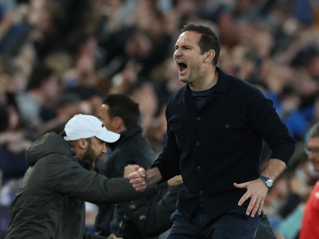 Everton manager Frank Lampard celebrating his second goal on 19 May 2022