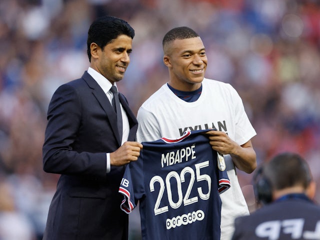 Paris Saint-Germain president Nasser Al-Khelaifi and Kylian Mbappe on May 21, 2022