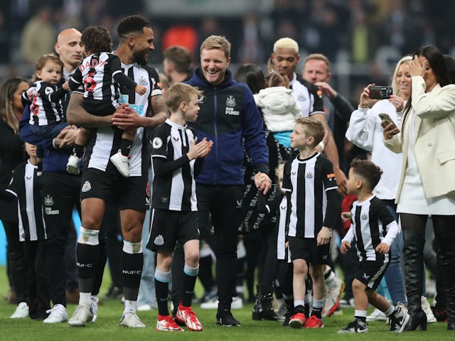 Newcastle United players celebrate after beating Arsenal on May 18, 2022