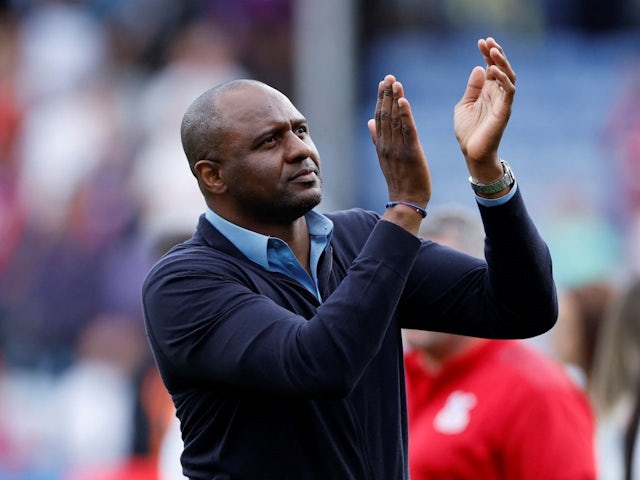 Crystal Palace manager Patrick Vieira acknowledges fans during the post-match recognition lap on May 22, 2022