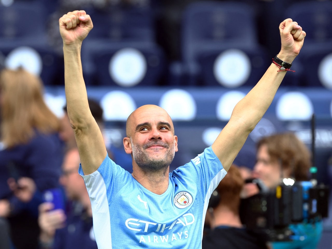 Manchester City Manager Pep Guardiola Celebrates After Winning The ...