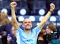 Manchester City manager Pep Guardiola celebrates after winning the Premier League title on May 22, 2022
