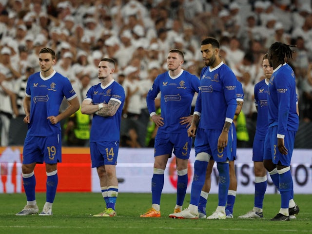 Rangers players look dejected after losing the Europa League final in a penalty shootout on May 18, 2022