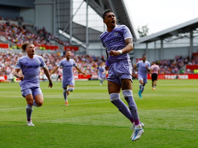 Leeds United's Raphinha celebrates scoring their first goal on May 22, 2022