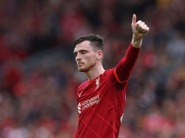 Liverpool's Andrew Robertson looks dejected at the end of the match after failing to win the Premier League on May 22, 2022