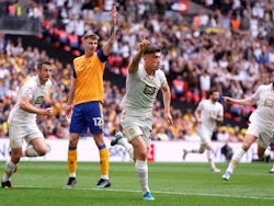 Port Vale forward Kian Harratt celebrates scoring in the League Two playoff final against Mansfield Town on May 28, 2022.