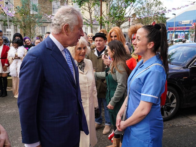 Charles, Camilla and Sonia on EastEnders on June 2, 2022