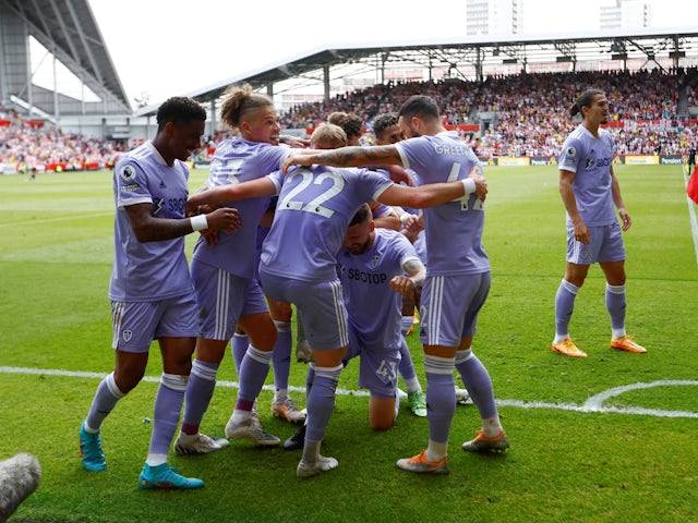 Leeds United's Jack Harrison celebrates scoring their second goal with teammates on May 22, 2022