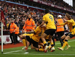 Wolverhampton Wanderers celebrating last-minute winner against Aston Villa on October 16, 2022.