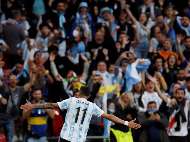 Argentina's Ángel Di María celebrates scoring their second goal on June 1, 2022