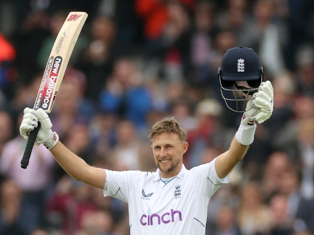 England batsman Joe Root celebrates hitting a century and reaching 10,000 Test runs against New Zealand on June 5, 2022.