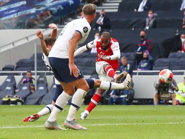Alexandre Lacazette scores for Arsenal against Tottenham Hotspur in July 2020