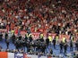 General view of Liverpool fans in the stands as police officers and stewards are seen on May 28, 2022