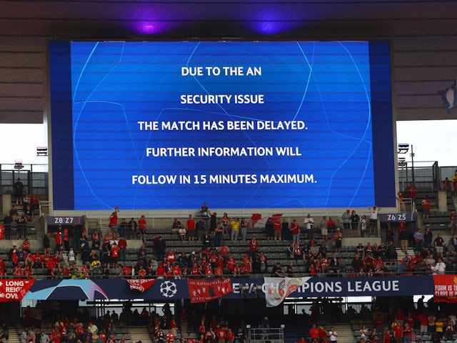 General view of a message displayed on a big screen inside the stadium before the match as kick off is delayed on May 28, 2022