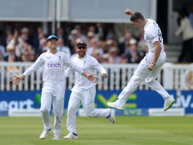 England bowler Matthew Potts celebrates taking the wicket of New Zealand batsman Kane Williamson on June 2, 2022.