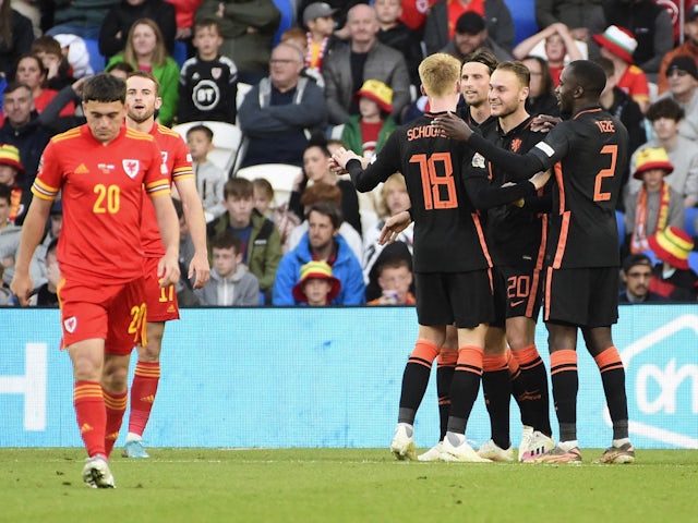 Netherlands celebrate scoring against Wales on June 8, 2022.