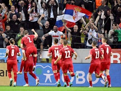 Serbia's Luka Jovic celebrates scoring their first goal with teammates on June 9, 2022