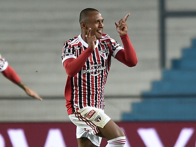 Marquinhos celebrates scoring for Sao Paulo in October 2021