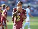 Colorado Rapids forward Michael Barrios (12) celebrates his goal with midfielder Mark-Anthony Kaye (14) during the second half against New York City FC at Yankee Stadium on June 19, 2022
