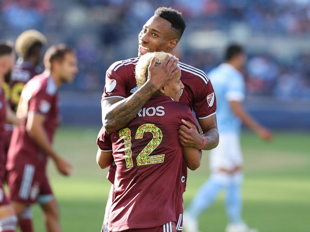 Colorado Rapids forward Michael Barrios (12) celebrates his goal with midfielder Mark-Anthony Kaye (14) during the second half against New York City FC at Yankee Stadium on June 19, 2022
