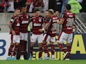 Flamengo's Ayrton celebrates scoring their first goal with teammates on June 15, 2022