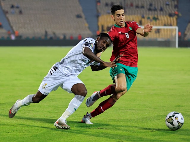 Morocco's Nayef Aguerd in action with Ghana's Joseph Paintsil on January 10, 2022