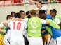 England Under-19s celebrate Carney Chukwuemeka's goal against Israel Under-19s on July 1, 2022