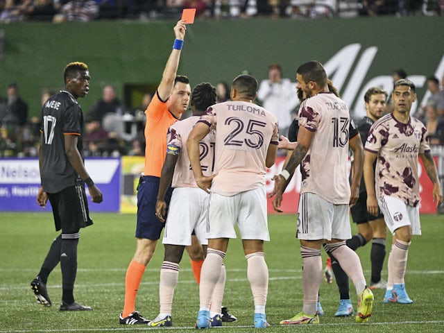 Portland Timbers defender Bill Tuiloma (25) receives a red card during the second half against the Houston Dynamo at Providence Park. The Timbers won 2-1 on June 29, 2022