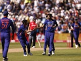 India bowler Bhuvneshwar Kumar celebrates taking the wicket of England's Jason Roy on July 9, 2022.