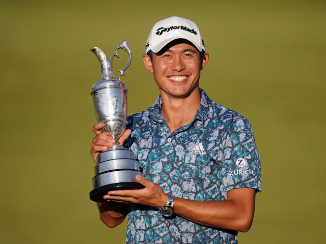 Collin Morikawa celebrates with the Claret Jug on the 18th green following his final round winning the Open Championship golf tournament in 2021
