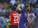 Hardik Pandya celebrates the wicket of Liam Livingstone in the T20 international between England and India on July 7, 2022.