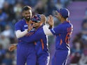 India celebrate an England wicket in their T20 international on July 7, 2022.