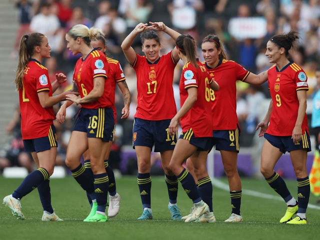 Spain's Lucia Garcia celebrates scoring their third goal with teammates on July 8, 2022