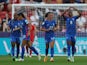 France Women's Grace Geyoro celebrates scoring their fifth goal with Eve Perisset to complete her hat-trick on July 10, 2022